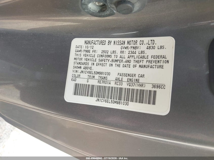 2013 Infiniti G37X VIN: JN1CV6EL5DM981030 Lot: 45646860