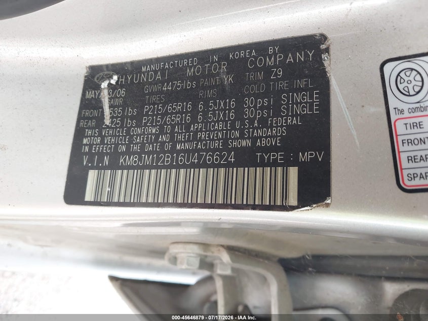 2006 Hyundai Tucson Gl VIN: KM8JM12B16U476624 Lot: 45646879