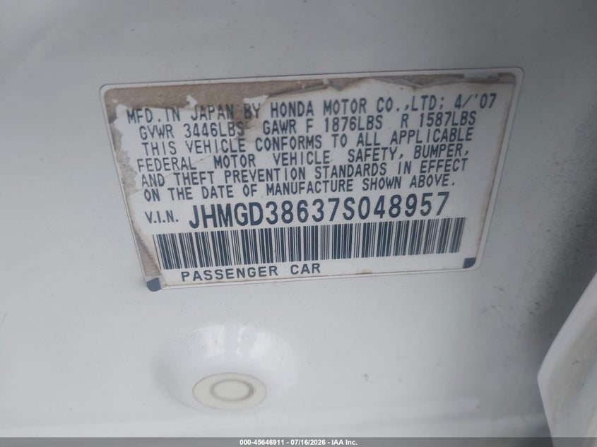 2007 Honda Fit Sport VIN: JHMGD38637S048957 Lot: 45646911