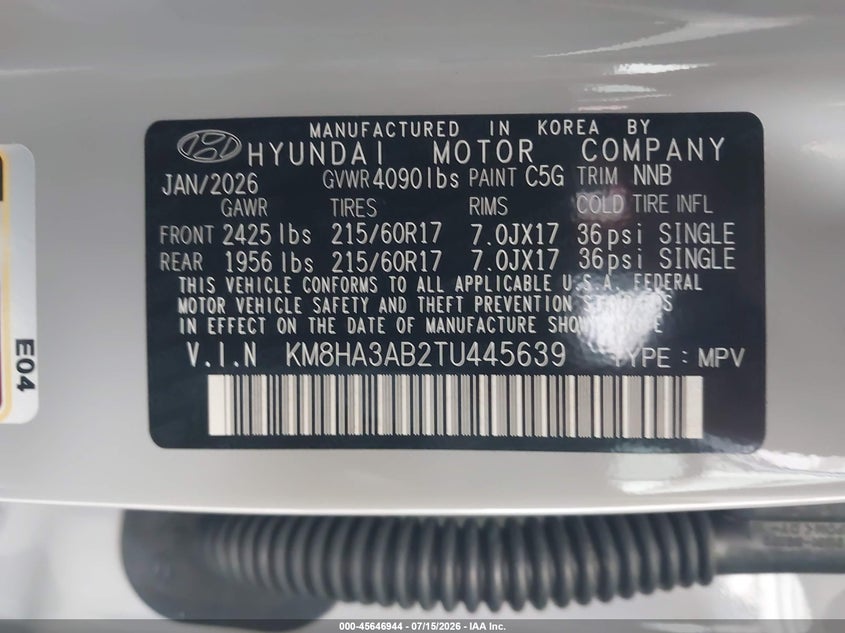 2026 Hyundai Kona Se VIN: KM8HA3AB2TU445639 Lot: 45646944
