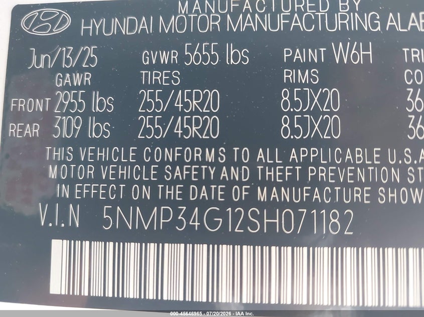 2025 Hyundai Santa Fe Hybrid Limited VIN: 5NMP34G12SH071182 Lot: 45646965
