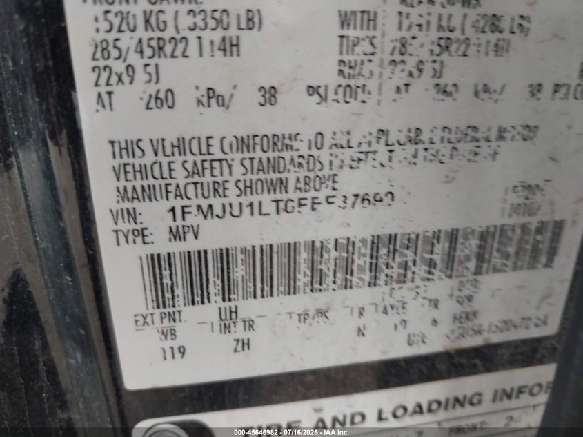 2015 Ford Expedition Platinum VIN: 1FMJU1LT0FEF37690 Lot: 45646982