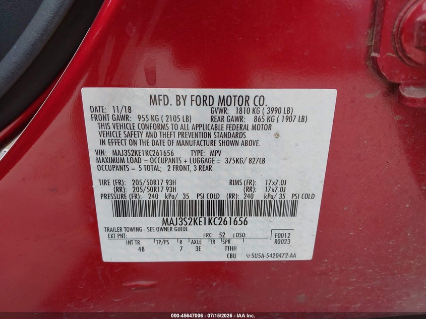 2019 Ford Ecosport Titanium VIN: MAJ3S2KE1KC261656 Lot: 45647006