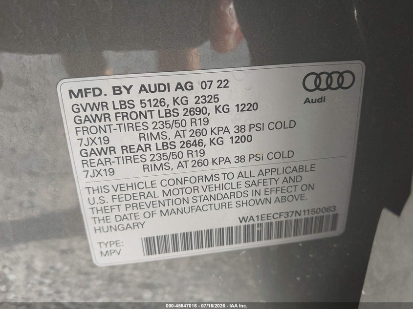 2022 Audi Q3 Premium Plus 45 Tfsi S Line Quattro Tiptronic VIN: WA1EECF37N1150063 Lot: 45647016