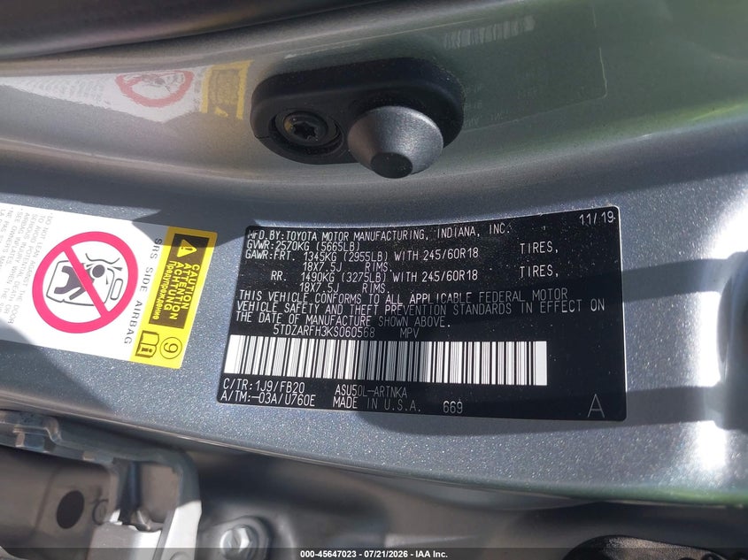 2019 Toyota Highlander Le VIN: 5TDZARFH3KS060568 Lot: 45647023
