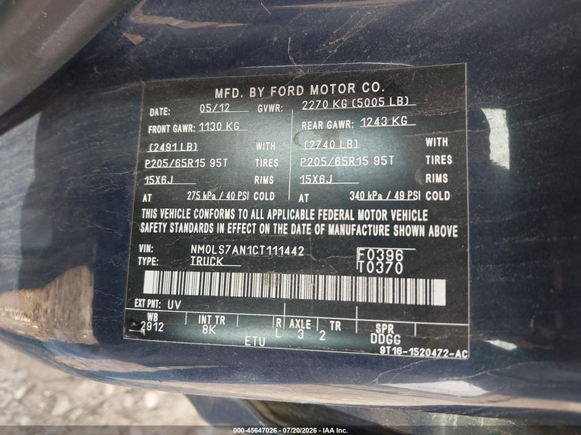 2012 Ford Transit Connect Xl VIN: NM0LS7AN1CT111442 Lot: 45647026