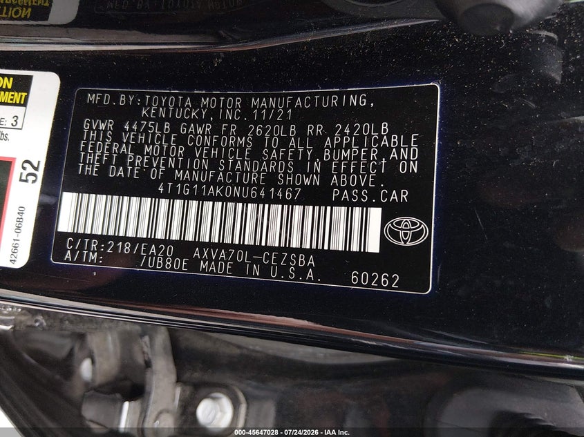 TOYOTA CAMRY 2022 VIN 4T1G11AK0NU641467