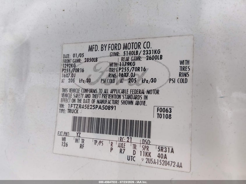 2005 FORD RANGER PICKUP 4.0L V-6 207HP