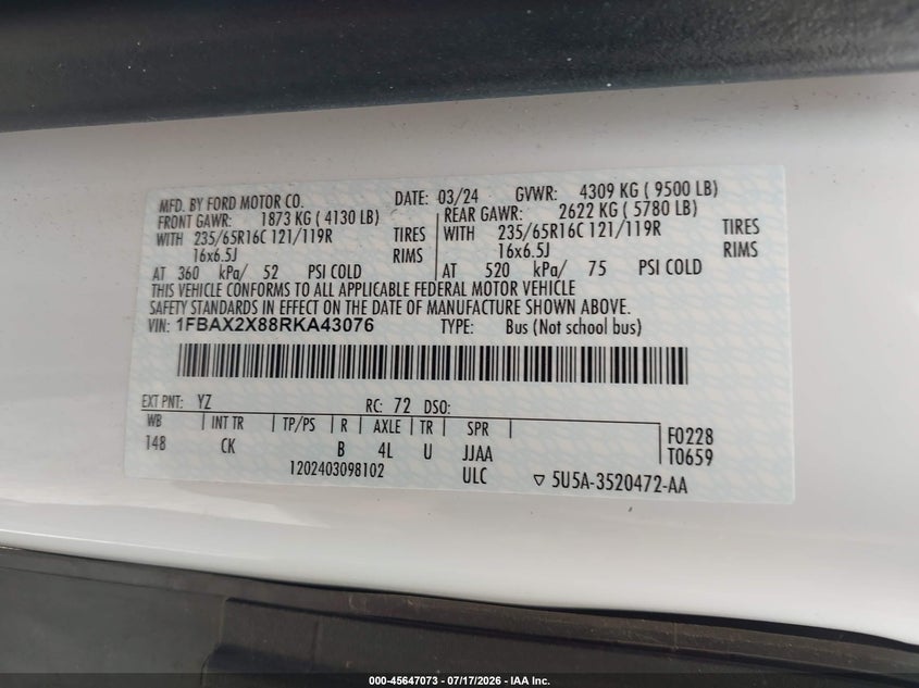2024 Ford Transit-350 Passenger Van Xlt VIN: 1FBAX2X88RKA43076 Lot: 45647073