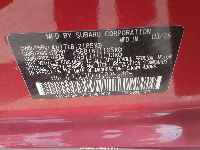 2025 Subaru Impreza Base 5-Door VIN: JF1GUABC0S8252485 Lot: 45647094