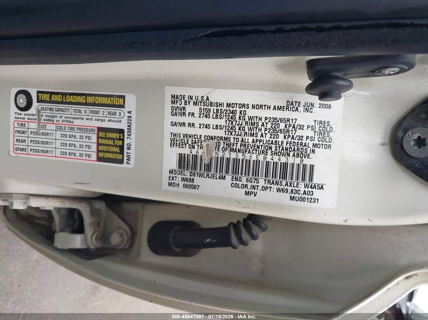 2008 Mitsubishi Endeavor Ls VIN: 4A4MN21S58E044310 Lot: 45647097