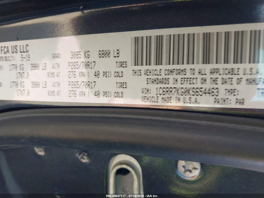 RAM 1500 CLASSIC 2019 VIN 1C6RR7KG0KS654463