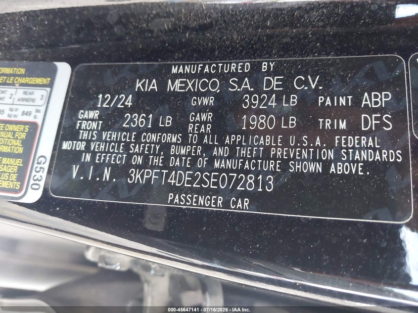 2025 Kia K4 Lx VIN: 3KPFT4DE2SE072813 Lot: 45647141