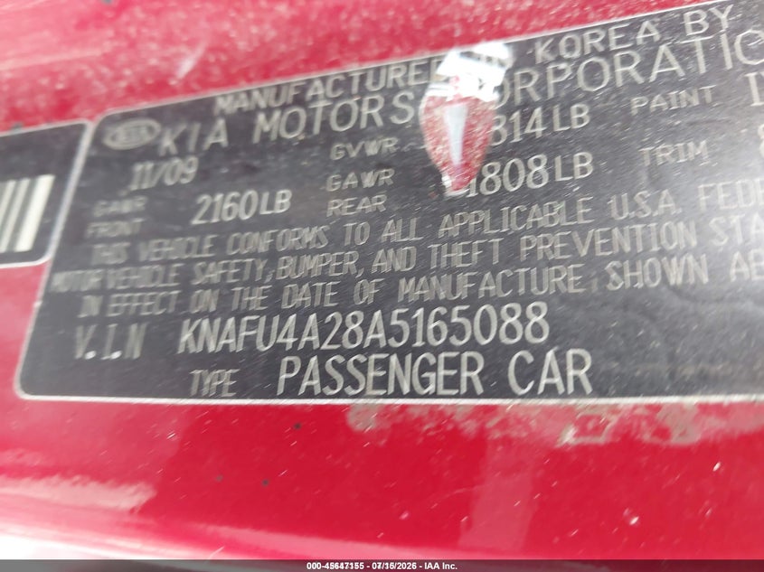 2010 KIA FORTE SEDAN 2.0L I-4 DOHC, VVT, 156HP