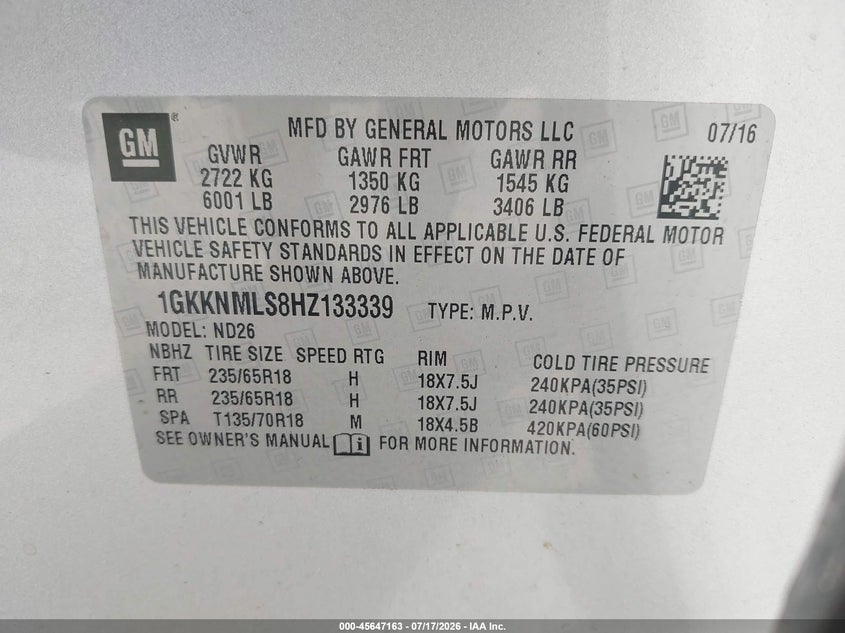 2017 GMC Acadia Slt-1 VIN: 1GKKNMLS8HZ133339 Lot: 45647163