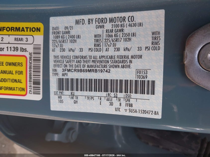 2021 Ford Bronco Sport Big Bend VIN: 3FMCR9B69MRB19742 Lot: 45647166