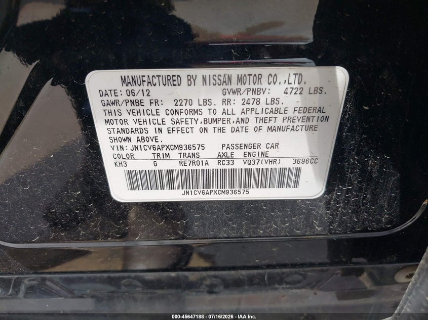 2012 Infiniti G37 Journey VIN: JN1CV6APXCM936575 Lot: 45647188