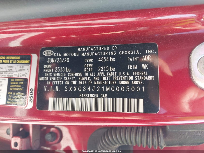 2021 Kia K5 Ex VIN: 5XXG34J21MG005001 Lot: 45647216
