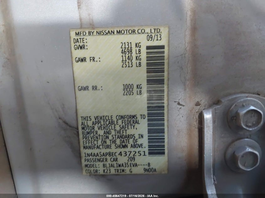 2014 Nissan Maxima 3.5 Sv VIN: 1N4AA5AP8EC437251 Lot: 45647219