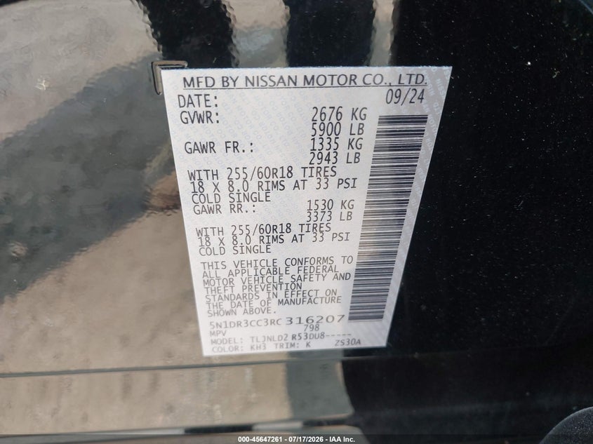 NISSAN PATHFINDER 2024 VIN 5N1DR3CC3RC316207