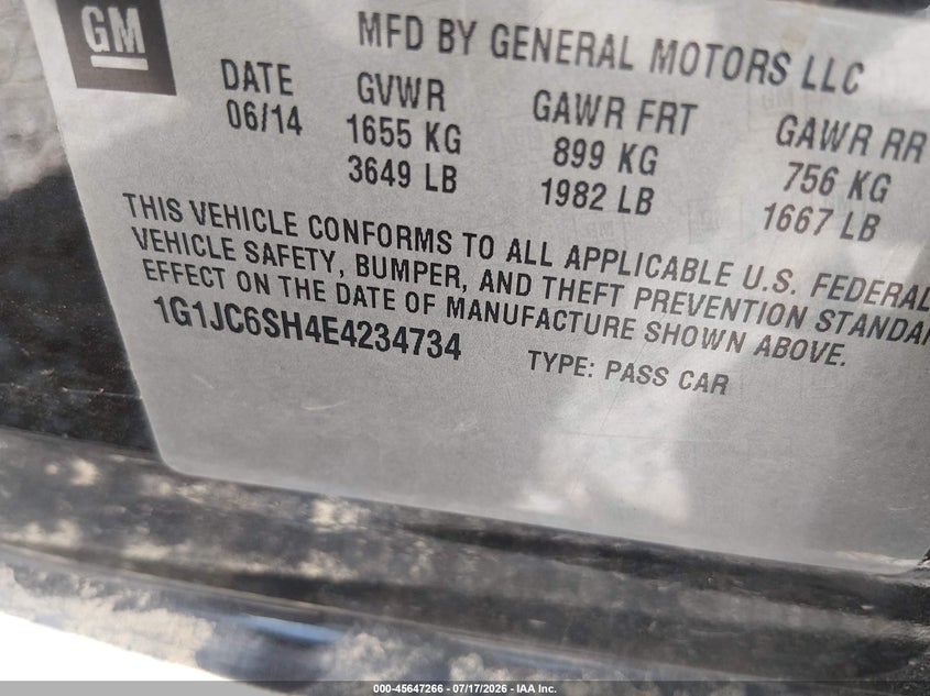 2014 Chevrolet Sonic Lt Auto VIN: 1G1JC6SH4E4234734 Lot: 45647266