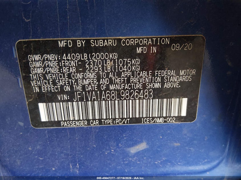 2020 Subaru Wrx VIN: JF1VA1A68L9826483 Lot: 45647277