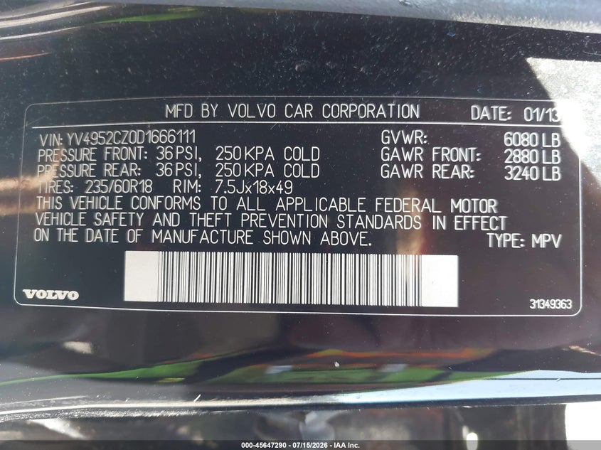 2013 Volvo Xc90 3.2 Platinum VIN: YV4952CZ0D1666111 Lot: 45647290