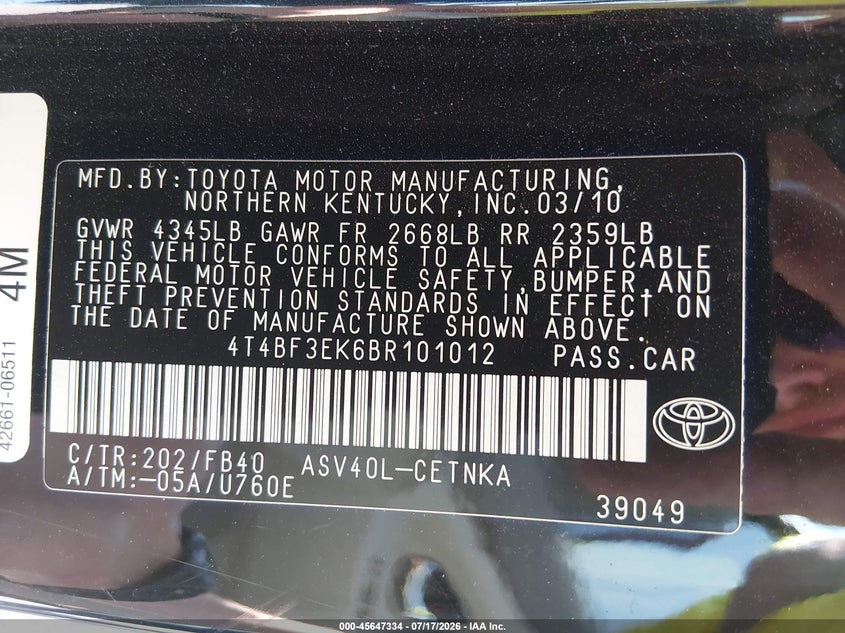 2011 TOYOTA CAMRY SEDAN 2.5L I-4 DOHC, VVT, 169HP