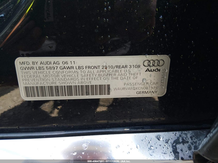 2012 Audi A8 L L 4.2 (Tiptronic) (No Longer Orderable) VIN: WAURVAFDXCN001976 Lot: 45647351