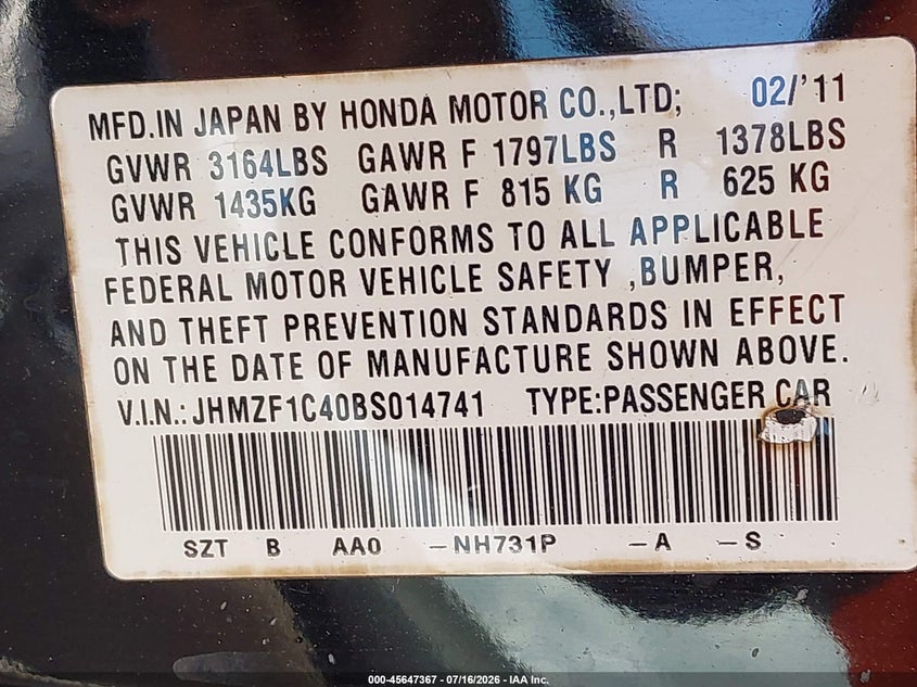 2011 Honda Cr-Z VIN: JHMZF1C40BS014741 Lot: 45647367