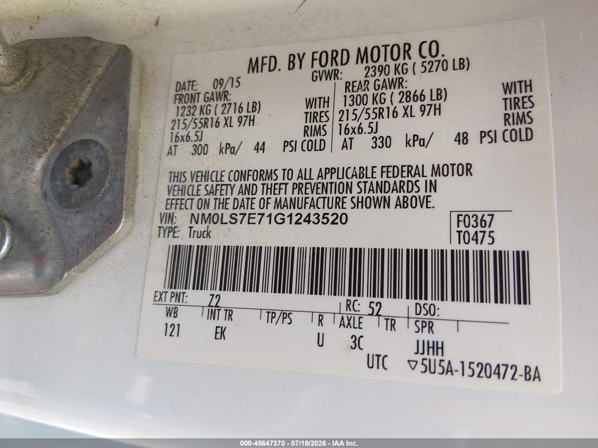 2016 Ford Transit Connect Xl VIN: NM0LS7E71G1243520 Lot: 45647370