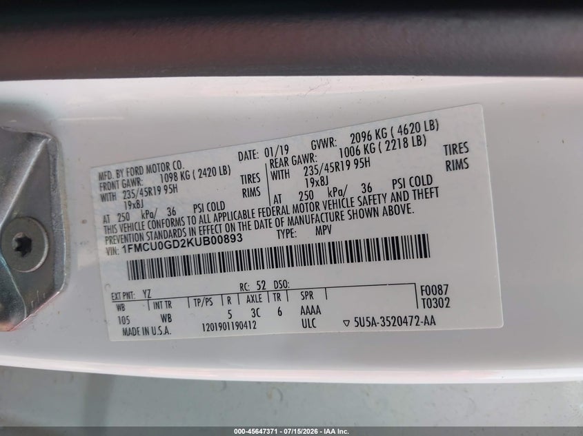 2019 Ford Escape Se VIN: 1FMCU0GD2KUB00893 Lot: 45647371