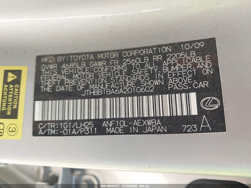 2010 Lexus Hs 250H Premium VIN: JTHBB1BA6A2010602 Lot: 45647377