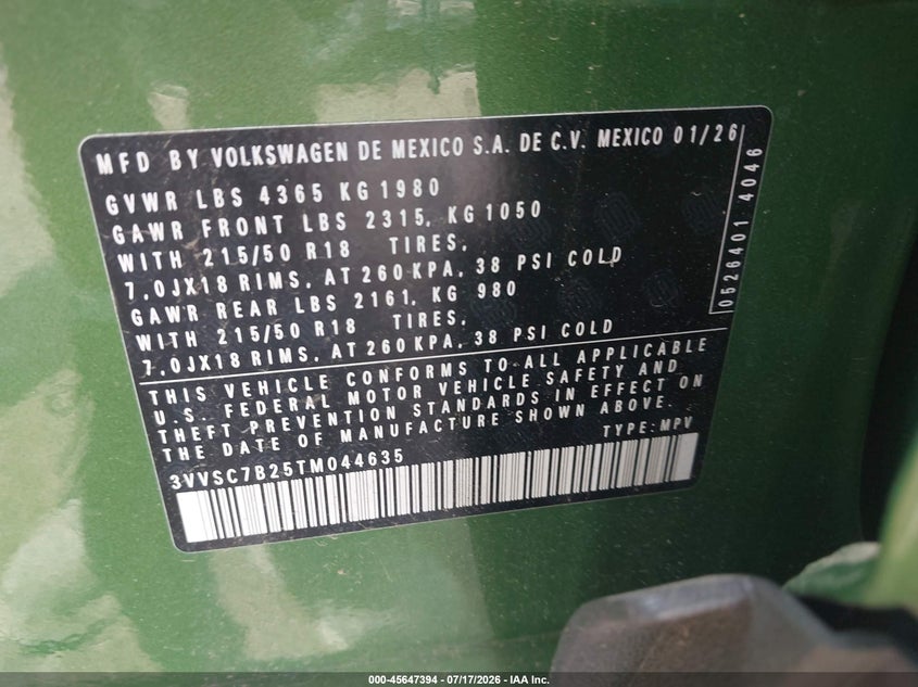 2026 Volkswagen Taos Se VIN: 3VVSC7B25TM044635 Lot: 45647394