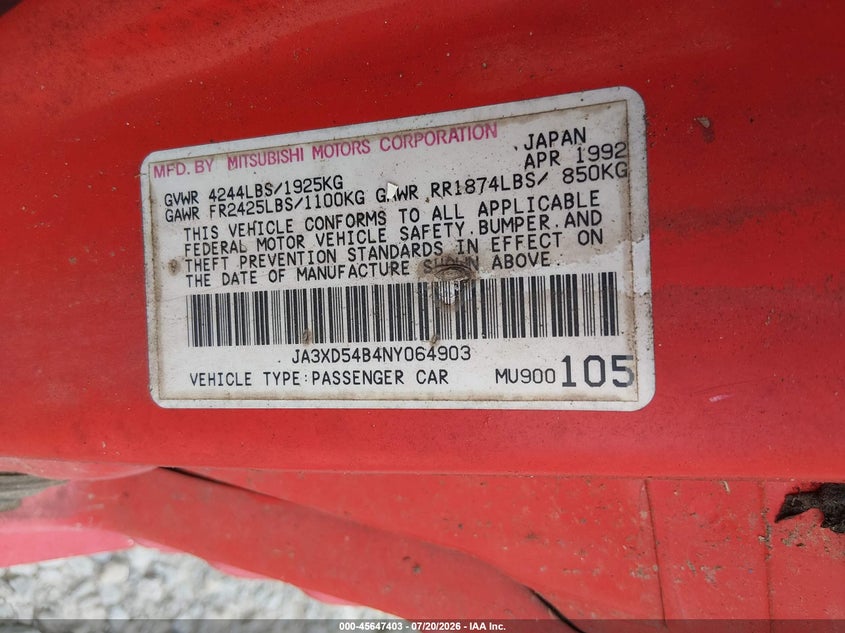 1992 Mitsubishi 3000 Gt VIN: JA3XD54B4NY064903 Lot: 45647403