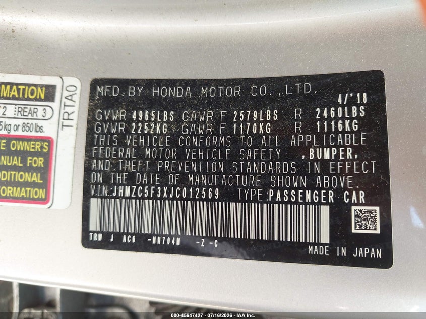 2018 Honda Clarity Plug-In Hybrid Touring VIN: JHMZC5F3XJC012569 Lot: 45647427