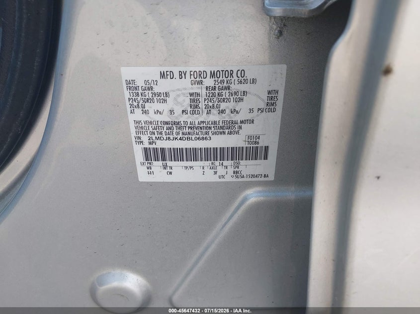 2013 Lincoln Mkx VIN: 2LMDJ8JK4DBL06863 Lot: 45647432