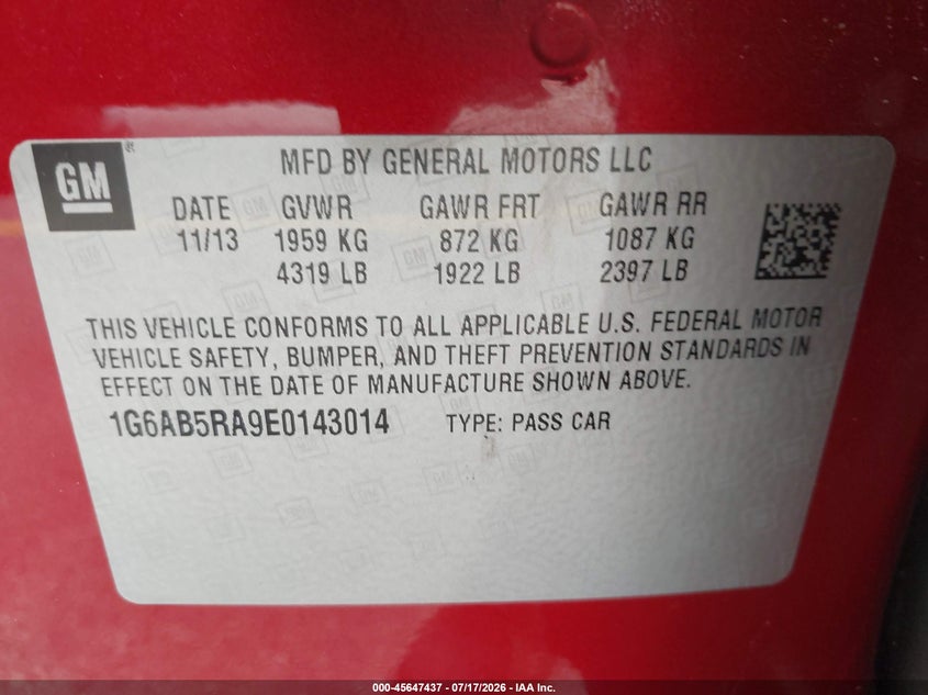 2014 Cadillac Ats Luxury VIN: 1G6AB5RA9E0143014 Lot: 45647437