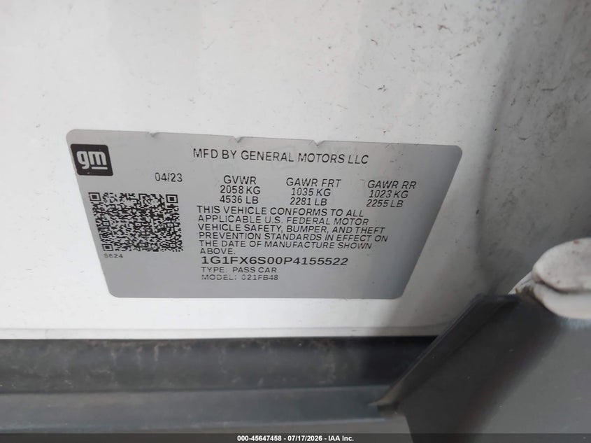 2023 Chevrolet Bolt Ev Fwd 2Lt VIN: 1G1FX6S00P4155522 Lot: 45647458