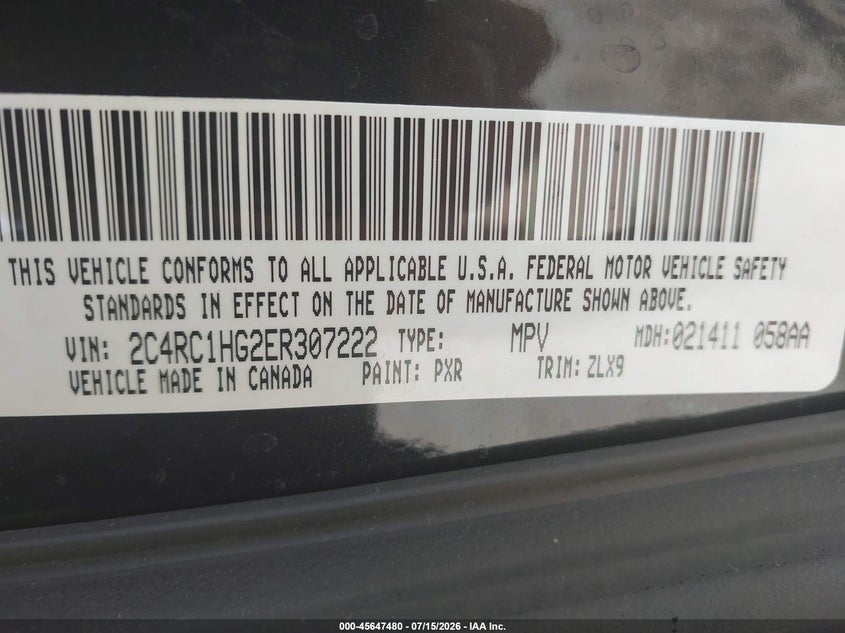 2014 Chrysler Town & Country S VIN: 2C4RC1HG2ER307222 Lot: 45647480