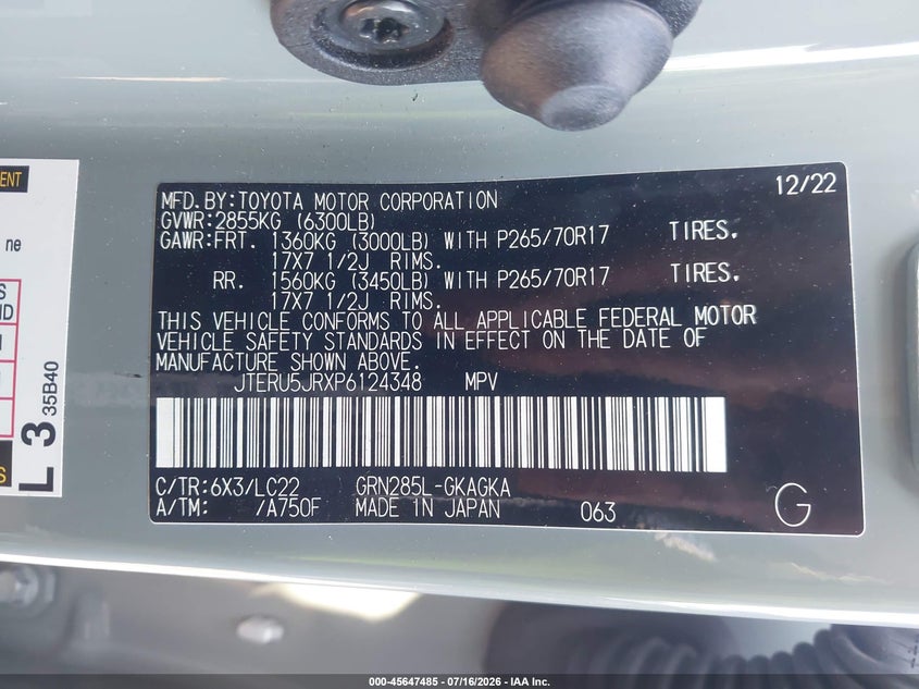 TOYOTA 4RUNNER 2023 VIN JTERU5JRXP6124348