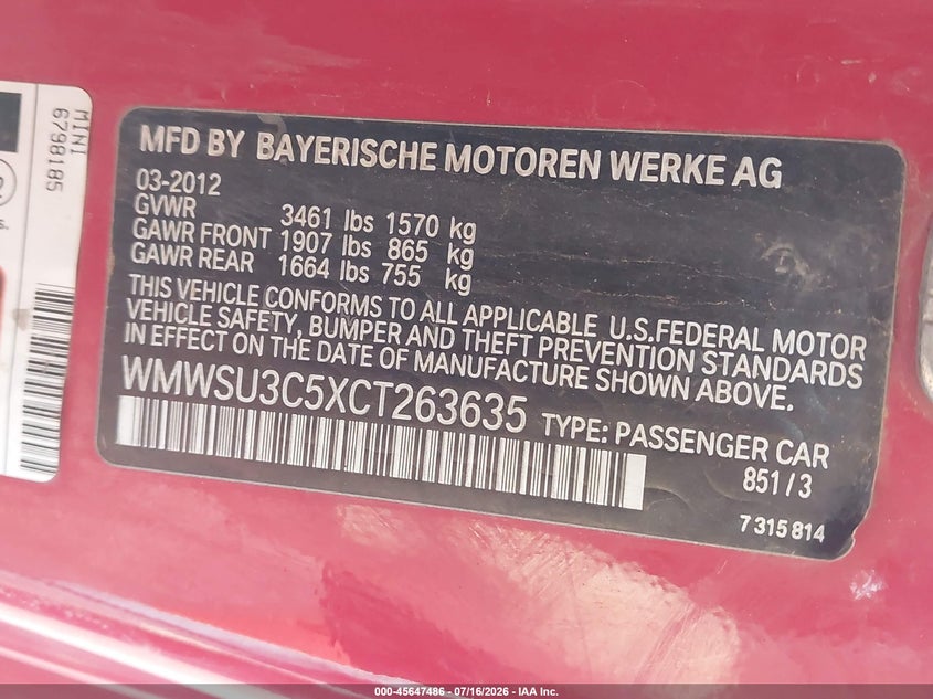 2012 Mini Cooper VIN: WMWSU3C5XCT263635 Lot: 45647486