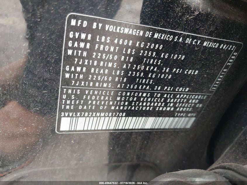 2022 Volkswagen Taos 1.5T Se VIN: 3VVLX7B2XNM081708 Lot: 45647532