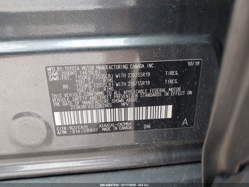 2020 TOYOTA RAV 4 SPORT UTILITY VEHICLE 2.5L I-4 DI, DOHC, VVT, 203HP