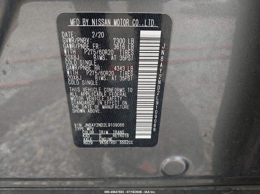 2020 Nissan Armada Sl 2Wd VIN: JN8AY2ND2L9109066 Lot: 45647583