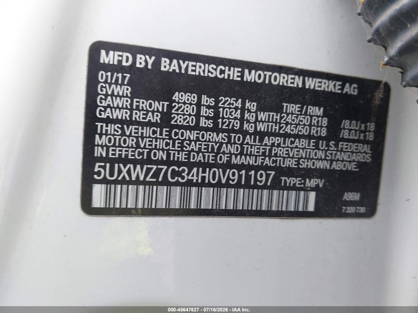 2017 BMW X3 Sdrive28I VIN: 5UXWZ7C34H0V91197 Lot: 45647627