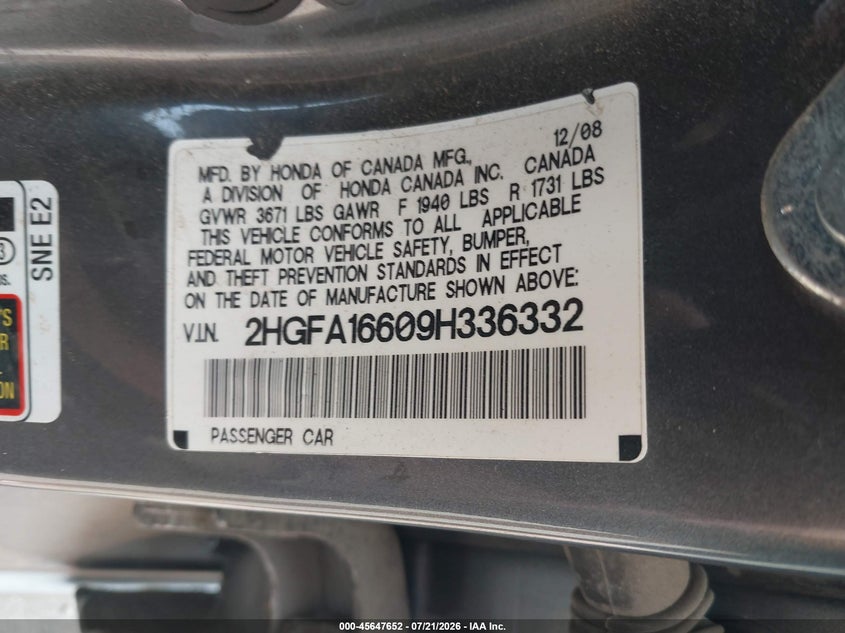 2009 HONDA CIVIC SEDAN 1.8L I-4 VVT, 140HP