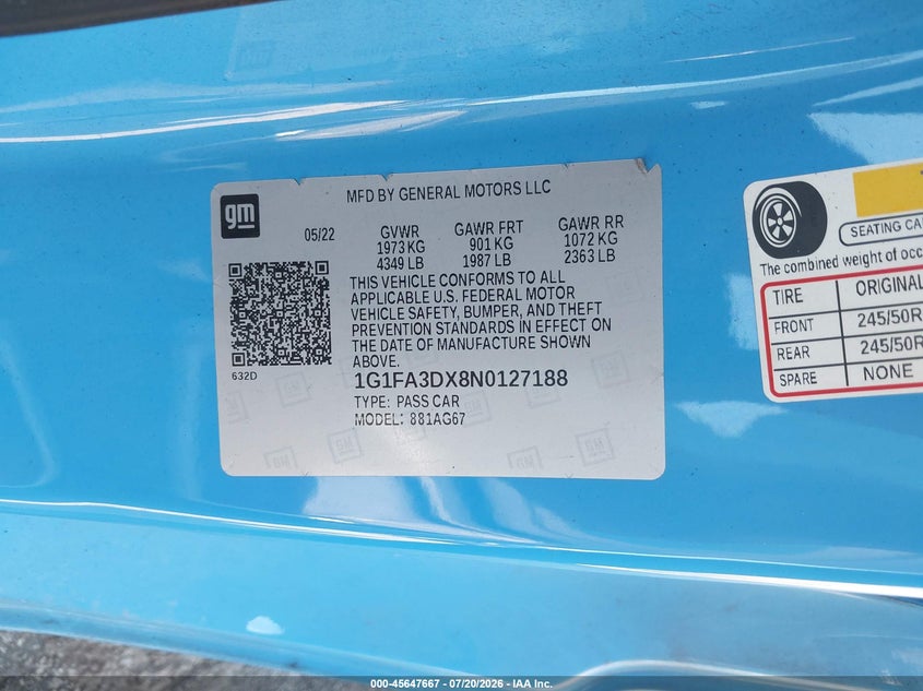 2022 Chevrolet Camaro Rwd 1Lt VIN: 1G1FA3DX8N0127188 Lot: 45647667