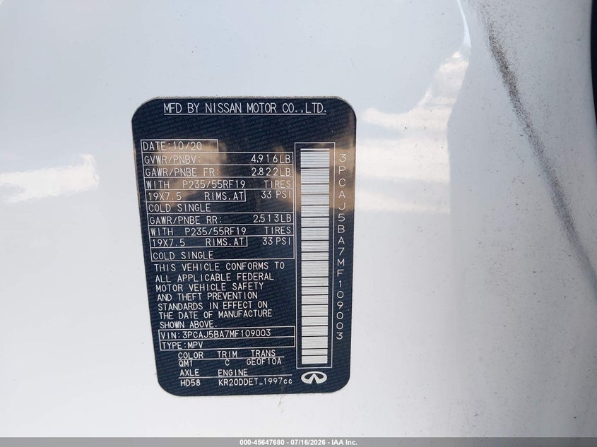 2021 Infiniti Qx50 Luxe VIN: 3PCAJ5BA7MF109003 Lot: 45647680