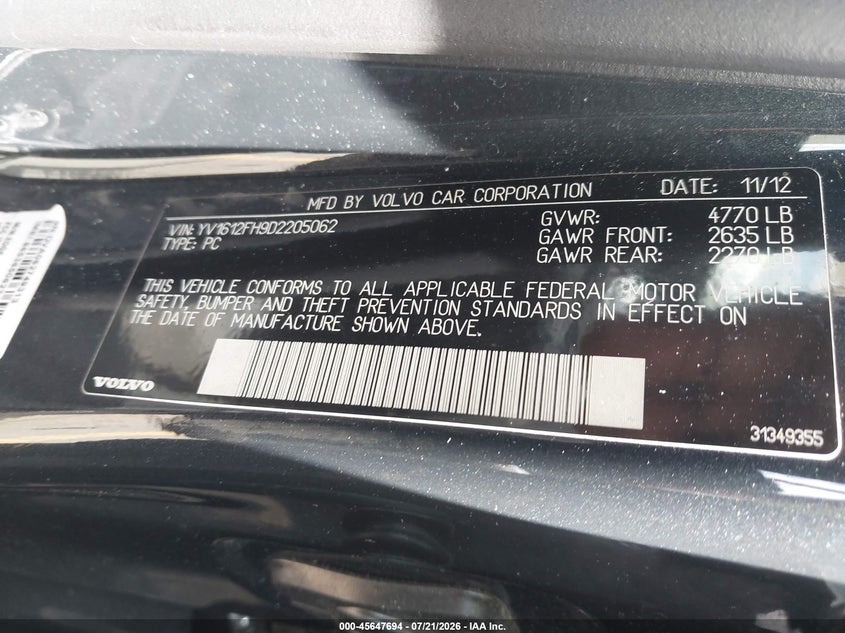 2013 Volvo S60 T5/T5 Platinum/T5 Premier/T5 Premier Plus VIN: YV1612FH9D2205062 Lot: 45647694